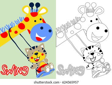 cartoon vector of giraffe and tiger playing swing, coloring book or page
