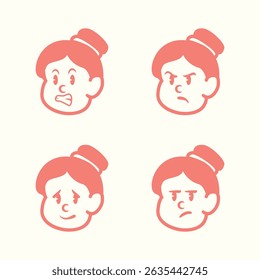 Cartoon vector of a girl with bun hairstyle showing 4 expressions: happy, angry, silly tongue out, and sad. Perfect for UI stickers, kids' education, or comic-style design elements