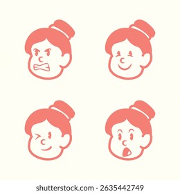 Cartoon vector of a girl with bun hairstyle showing 4 expressions: happy, angry, silly tongue out, and sad. Perfect for UI stickers, kids' education, or comic-style design elements