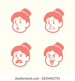 Cartoon vector of a girl with bun hairstyle showing 4 expressions: happy, angry, silly tongue out, and sad. Perfect for UI stickers, kids' education, or comic-style design elements