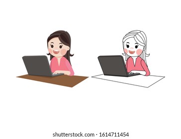cartoon vector girl with computer concept design
