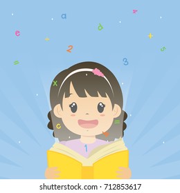 cartoon vector of a girl holding an opened book with numbers and alphabets coming out from the book, with sunburst pattern background