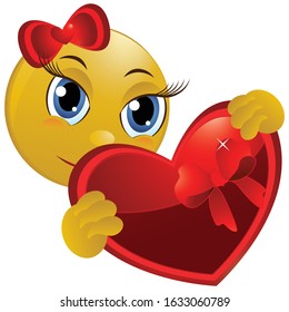 Cartoon vector girl with larg heart. Smile for Valentines day. Heart love valentine icon vector isolated. Colorful graphic illustration. Cartoon style.