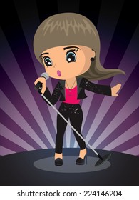 Cartoon Vector Girl Singing on Stage.