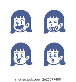 Cartoon vector of girl with straight hair showing four emotions: happy, angry, winking, and serious. Perfect for emoji, avatar icons, children designs, or emotional character illustrations