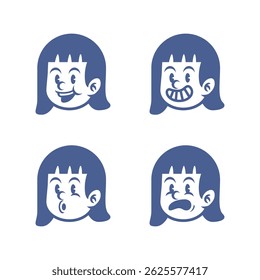 Cartoon vector of girl with straight hair showing four emotions: happy, angry, winking, and serious. Perfect for emoji, avatar icons, children designs, or emotional character illustrations