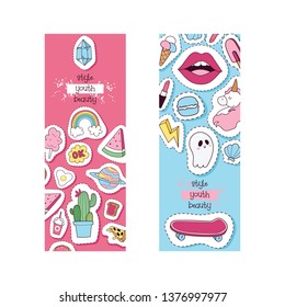 Cartoon vector girlish accessories lipstick icecream kids unicorn rainbow and doghnut sticker illustration colorful set of backdrop girlie background.