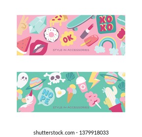 Cartoon vector girlish accessories lipstick, icecream, unicorn, rainbow and donut illustration colorful set of backdrop girlie background.