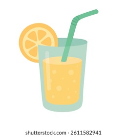 Cartoon vector glass of lemonade with straw and lemon slice in bright summer colors.