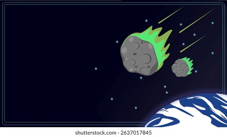 Cartoon vector of glowing asteroids flying toward Earth in space, with copyspace for science, astronomy, or International Asteroid Day theme.