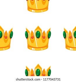 Cartoon vector gold crown with emeralds seamless pattern