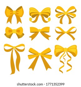 Cartoon vector gold ribbon bow set. Yellow ribbons satin bows for xmas gifts, or celebration christmas and birthday, flat design isolated on white background,bow for business and design elements.
