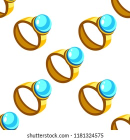 Cartoon vector gold ring with blue stone seamless pattern