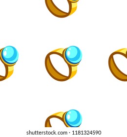 Cartoon vector gold ring with blue stone seamless pattern