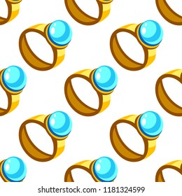 Cartoon vector gold ring with blue stone seamless pattern