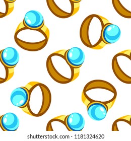 Cartoon vector gold ring with blue stone seamless pattern