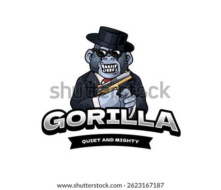 Cartoon vector gorilla in a tailored suit and fedora holds a pistol, blending powerful strength with a smooth gangster vibe for games or comics