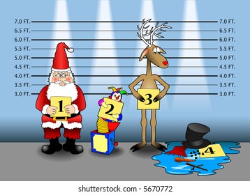 cartoon vector graphic depicting a Christmas holiday police line-up