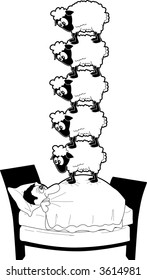 cartoon vector graphic depicting an insomniac with sheep
