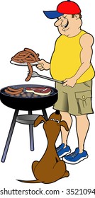 cartoon vector graphic depicting a man cooking on a grill