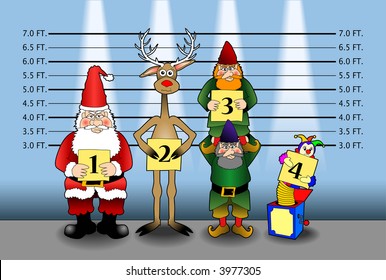 cartoon vector graphic depicting Santa and friends in a police line-up