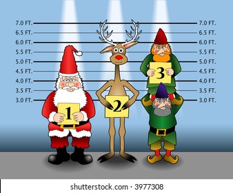 cartoon vector graphic depicting Santa and friends in a police line-up