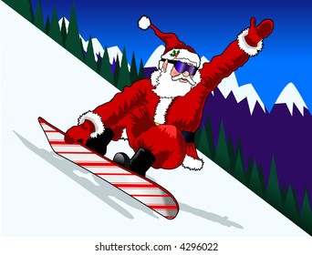 cartoon vector graphic depicting a snowboarding Santa