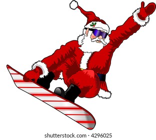 cartoon vector graphic depicting a snowboarding Santa