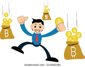 Cartoon vector graphic illustrator of a man earning lots of bitcoins, suitable for all content about crypto, tranding,how to earn money,"how to get bitcoins"
