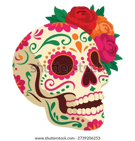Cartoon vector graphics of painted skull Cinco de Mayo in vibrant Mexican style featuring red flowers suitable for cultural festival holiday and celebration artwork