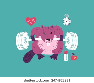 Cartoon vector graphics set of a beaver athlete with barbell, timer, and water bottle. Semi-aquatic creature with distinctive teeth and tail in a workout theme