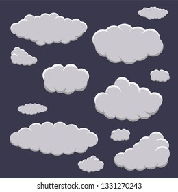 Cartoon vector gray clouds isolated on dark sky background