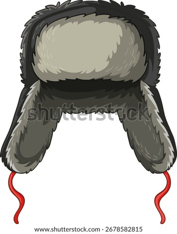 Cartoon vector of gray fur trapper hat with ear flaps and red ties, bold outline.