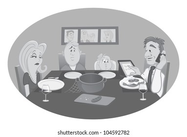 Cartoon Vector Gray Scale Illustration Of A Family Dinner