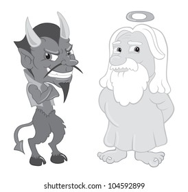 cartoon vector gray scale illustration of God and the Devil