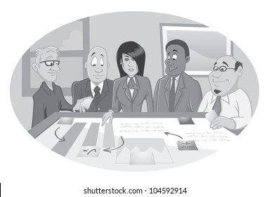 cartoon vector gray scale illustration of an office employee brainstorming session