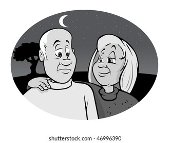 cartoon vector gray scale illustration elderly couple solace