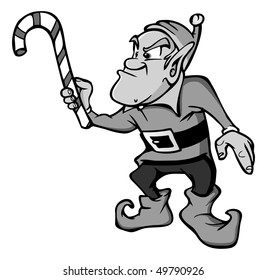 cartoon vector gray scale illustration angry elf candy cane