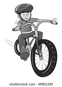 cartoon vector gray scale illustration boy riding bike