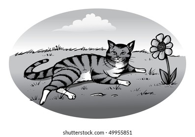 cartoon vector gray scale illustration Tabby cat resting