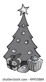 cartoon vector gray scale illustration Christmas tree presents