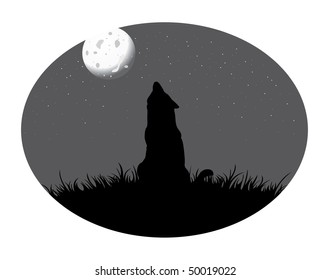 cartoon vector gray scale illustration wolf howling moon