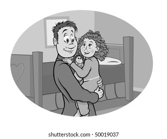 cartoon vector gray scale illustration Daddy daughter