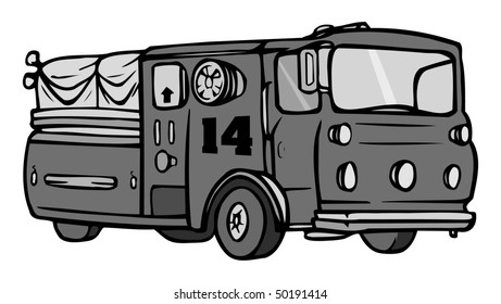 cartoon vector gray scale illustration fire truck engine