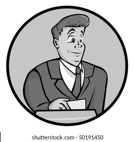 cartoon vector gray scale illustration game show host