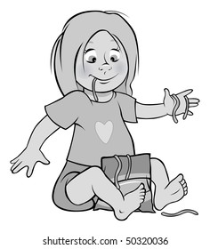 cartoon vector gray scale illustration girl eating candy worms
