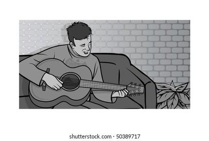 cartoon vector gray scale illustration guy playing guitar