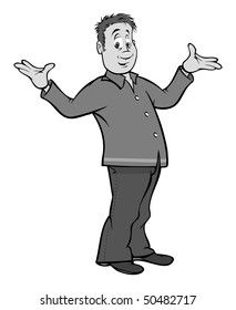 cartoon vector gray scale illustration man shrugging shoulders