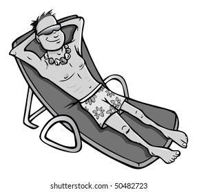 cartoon vector gray scale illustration man tanning beach
