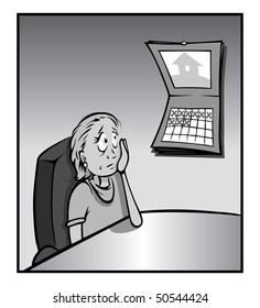 cartoon vector gray scale illustration lonely employee calendar